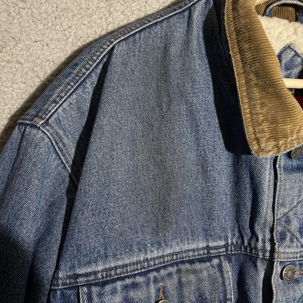Wrangler Hero Jacket Mens XL Blue Sherpa Lined Denim Corduroy Collar Distressed - Picture 2 of 13